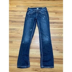 Silver Jeans Lola 17 Straight Dark Wash Distressed Contrast Stitch Denim 26 Y2k